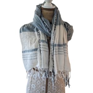 Cream and dusty blue striped fringe scarf